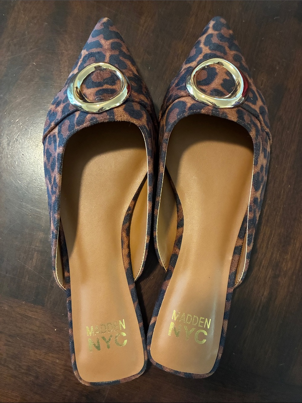 Madden NYC Leopard Print Pointed Toe Mules with Gold Accent